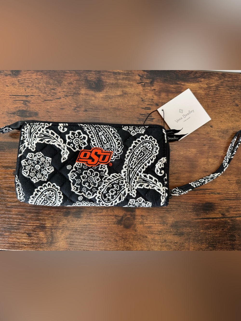 Vera Bradley RFID Front Zip Wristlet NWT Black White Bandana OSU Oklahoma State - Picture 2 of 11